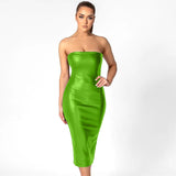 Toloer Color PU Leather Fashion Temperament Slim After The Chest Burst Sexy Long Dress-Outfit
