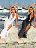 2025 New Solid-Colored Open-Fork Long Dress Mesh Hanging Neck Sexy Summer