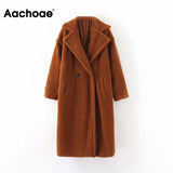 Aachoae Winter Casual Solid Teddy Coat Women Long Sleeve Fleece Long Jacket Turn Down Collar Lamb Fur Coat Outerwear