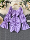 Elegant Solid Dress Women Ruched V Neck Flare Sleeve Slim Dresses Autumn Korean Fashion Streetwear Short