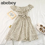 Print Floral Women Dress Spring Summer Bow Vestidos Chiffon Beach Style Student Sweet Mini