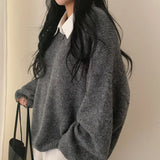 V-Neck Solid Color Pullover Sweater-Outfit