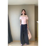 And Wear The Atmosphere Of The Lotus Leaf Side Shoulder Repair Folding Top With Straight Leisure Long Pants