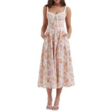 Temperament Dress Women Summer Floral Print V Neck Spaghetti Strap Sleeveless A Line Midi Dresses Bohemian Style Dress