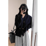 Toloer And Winter French Retro Black V-Neck Sweater Girl Languid Retro Knitted Jacket
