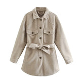 PUWD Vintage Woman Loose Sashes Woolen Coats 2021 Chic Female Autumn Soft TurnDown Collar Outwear Ladies Elegant Pockets