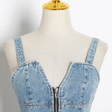 Toloer 2024 New Sexy V Collar Color Splicing Cowboy Zipper Waist Vest Irregular Halter Top Female-Outfit