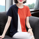 Summer Tshirts Women's Clothing New Round Neck Short Sleeve Temperament Patched Elegant Loose Casual Commuter Tops-Outfit