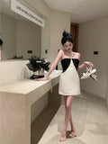 Summer Sexy Dress Woman French Style Spaghetti Strap Chain Halter Off Shoulder Patchwork Slim Elegant Dresses Mini Party-Outfit