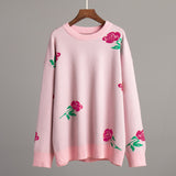 Neck Rose Sweater 2024 Autumn Winter New Female Versatile Loose Color Rose Round Neck Sweater-Outfit