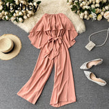 Women 2022 Spring Autumn New Office Lady Ruffles Loose Solid Full Length Rompers Sleeveless Fashion