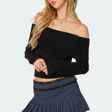 2025 New Knitted Top Women's Clothing Pure Color Collar Shoulder Long-Sleeved Cover Sweater
