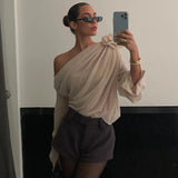 Floral Applique Mesh One Shoulder Long Sleeve Top-Outfit