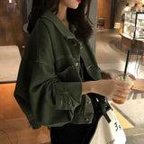 Army Green Denim Short Jacket Women's Loose Lazy Spring Autumn Korean Style Street Denim Coats Short Outwear