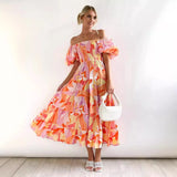 Summer New Bubble Sleeve Holiday Show Skinny Dress Babes High-Waisted Shoulder-Print Dress Dress