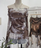 Shot Shoulder Strap Tie Dyed Net Shawl Shirt T-Shirt T-Shirt T-Shirt Design Folded Long-Sleeved T-Shirt