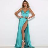 Forging Slings Deep V-Neck Bareback Official Picture Solid Color Open Forked Mid-Rise Long Skirt Temperament Commuting Women's