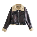 Retro Women Faux Fur One-sided Double Jacket 2021 Winter Warm Locomotive Sashes Jacket Street Leisure Loose Female