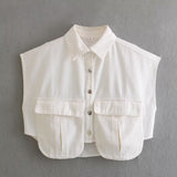 Color Women's Clothing 2025 Spring Solid Color Big Pocket Sleeveless Polo Collared Denim Shirt