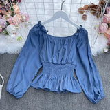 New Spring Fashion All-match slash neck off shoulder Blouse ruched waist slim Ruffle Shirt