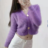 Fur Knit Cardigan Thin Sweater Coat Long Sleeve V-Neck Button Outfit Women Korean Cute Solid Pink White Crop Top
