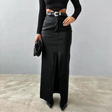 Toloer Women's Wear 2024 Leather Design Sense Open Fork Solid Color High Waist Simple Leather Slim Body Skirt-Outfit