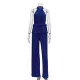 Toloer Hanging Neck Sexy Hot Girl Sleeveless Vest White Pleated High Waist Wide Leg Pants Suit Woman-Outfit