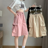 Thin Cargo Shorts Women Y2K Loose Fashion Drawstring Pocket Shorts Bf Baggy Korean Streetwear Wide Leg Knee-Length Pants-Outfit