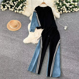 Toloer Version Of Casual Sports Suit Female Autumn Design Sense Loose And Versatile Round Collar Hoodie High Waist Jeans Splicing
