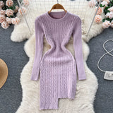 Irregular Solid Knitted Short Dress O Neck Long Sleeve Fashion Bodycon Dress Women Winter Streetwear OL Warm