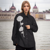 Toloer Spring New Fashion Temperament Stand Collar Heavy Industry Water Diamond Flowers Inlaid Loose Show Thin Women's Long Sleeve Shirt-Outfit
