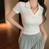 Polo Shirt Short Sleeve Straight Shoulder T-shirt Women New Short Tees Spicy Girls Design Sense Small People Slim Tops-Outfit