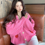 Strawberry Sweater Soft Waxy Cardigan Coat Autumn And Winter 2024 Loose Female V-Collar Coarse Wool Knitting Trend-Outfit