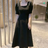 Toloer Dress Female Summer French 2024 New Temperament Closed Waist Show Thin Design Feeling Square Collar Hepburn Wind Dress-Outfit