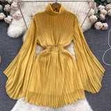 Toloer Of Pleated Horn Sleeve High Collar Dress Female Spring And Summer French Light Luxury Minority Design Sense Of Waist Chiffon