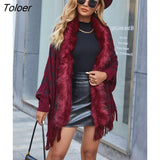 Women Winter Warm Fur Collar Long Cardigan Knitted Tassel Sweater Jacket Elegant Batwing Sleeve Capes Fashion Houndstooth