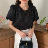 Toloer Chic Sweet Flower Texture Sense Short-Sleeved Chiffon Shirt Female Summer New French Temperament Small Shirt Jacket-Outfit