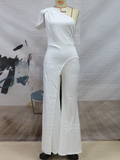 Patchwork Jumpsuits For Women Diagonal Collar Off One Shoulder High Waist Tunic Wide Leg Pants Solid Jummpsuit