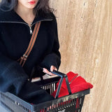 Sense Half-High Collar Zipper Red Knitted Shirt Women's Short Autumn And Winter New High-Waist Sweater Loose Thick