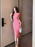 Real Shot Is Pure, Stylish, Sexy, Slim, Thin, Lapel, Short-Sleeved, Knitted, Buttocks, Fishtail Dress, Summer Dress-Outfit