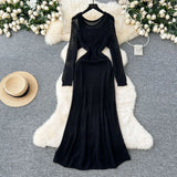Slebock Crochet Dress Women's Waist Show Thin Sleeve Skirt Inside The Bottom Sling Skirt Two