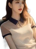 Toloer Chic And Beautiful Striped POLO Collar Short-Sleeved Shirt Women's Summer Unique Design Sense Of The