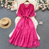 Women Dress Embroidary Solid Summer 2022 Hollow Out V Neck Ruffled Sashes Adjustable Waist Ladies Long A Line