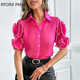 Women Solid Turn Down Neck Ruffle Decor Beading Half Long Sleeves Working Blouses Tops-Outfit