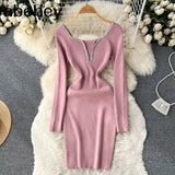 Slim Bodycon Knitted Dress Temperamant Long Sleeve bodycon Sweater Dress Square Collar Women Winter Short