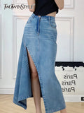 Casual Denim Skirt For Women High Waist Split Thigh Solid Minimalist Midi Skirts Female Summer Clothing Fashion