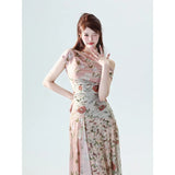 Patchwork Floral Long Short Dress For Women 2024 Summer Boat Neck A Line Midi Dress Short Floral Aesthetic Clothes-Outfit