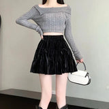 Velvet Bow Pleated Mini Skirt-Outfit