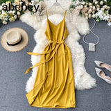 Style Sexy V-neck Slit long Dress Women's Summer elegant Plain Lace-up Waist Dress Office