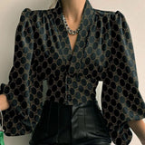 Explosion Spring New Temperament Button V-Neck Lantern Sleeve